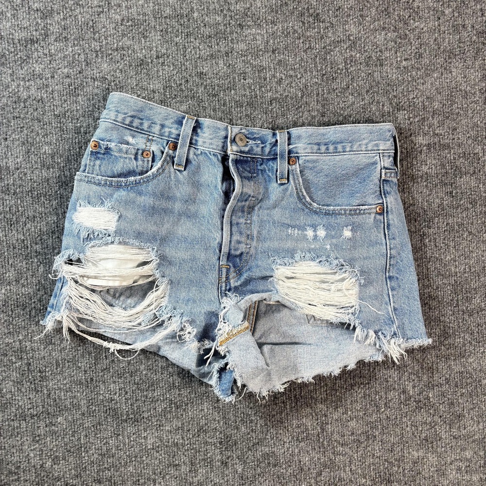Levis 501 Cutoff Shorts Womens 32 Blue Distressed High Rise Button Fly